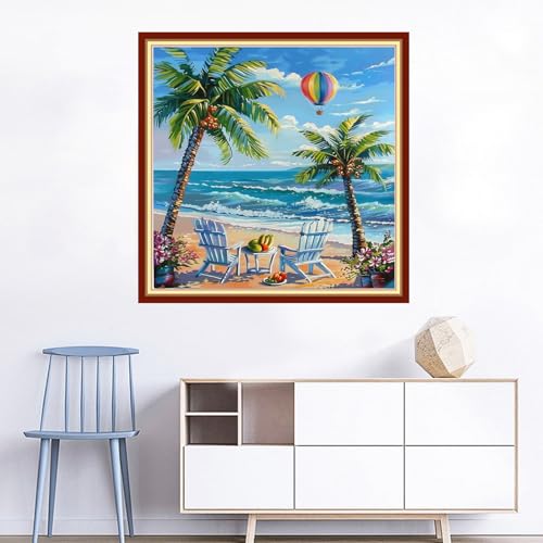 Image of Joyhoor Cross Stitch Kits for Beginners Stamped Cross-Stitch Supplies Needlework preprint Embroidery Kits for Adults DIY Needlepoint Kits Embroidery Patterns 11CT-Rest by the Seaside 18x18 inchs