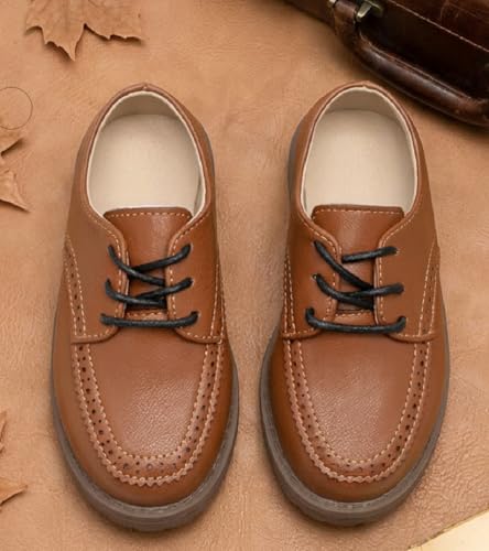Image of Meckior Toddler Boys Girls Dress Shoes Little Kid Oxford Shoes Wedding Church Dress Shoes PU Leather Lace Up School Uniform Loafer Flats