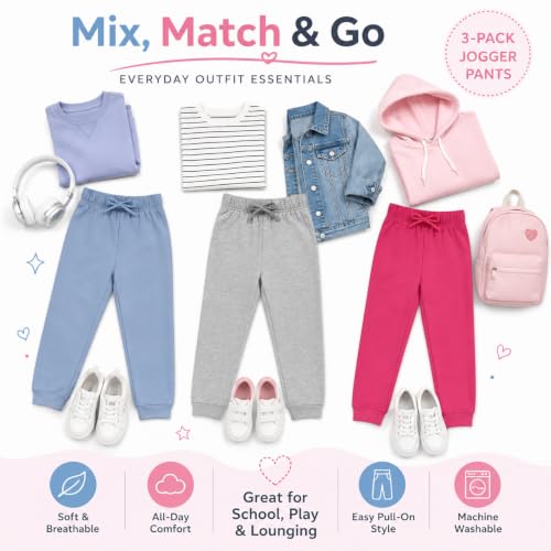 Image of BTween Kids Girls Fashion Stretch Waist Ultra Soft Jogger Pants Set 3 Pack Bundle