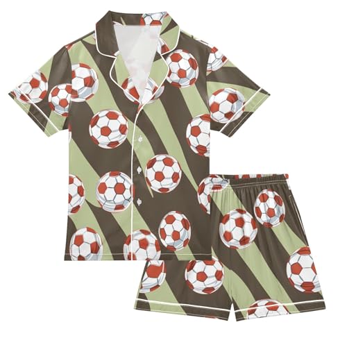 ALAZA Football Soccer Striped Pajamas Satin Pajama Set Short Sleeve Button Down Sleepwear