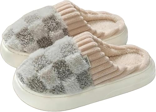 Fashion Cotton Slippers Ladies Warm Plush House Slippers Indoor Winter Plaid Slippers Fuzzy Slippers for Men and Women