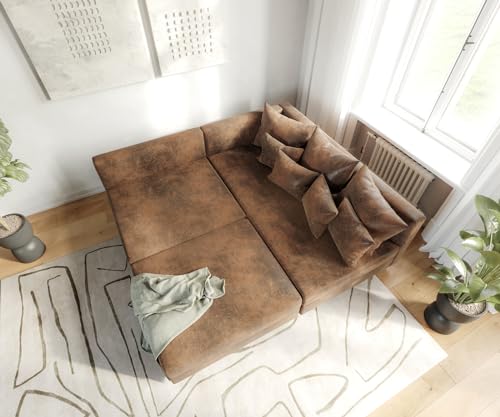 DELIFE Eckcouch Clovis Braun Antik Optik mit Hocker Ottomane Rechts Ecksofa Modular