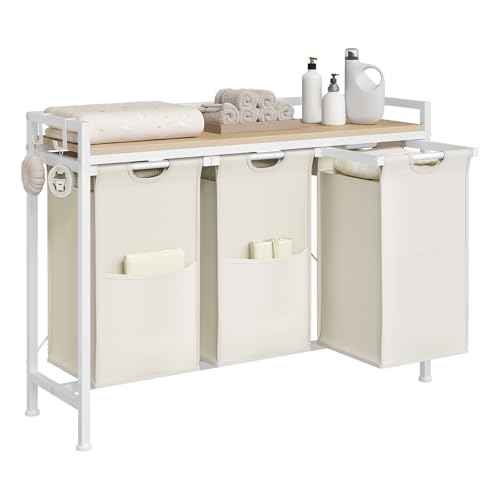 WOLTU Wäschekorb 3 Fächer, jedes 40 L, Wäschesammler mit Ablage Metallrahmen, Oxford-Stoff-Wäschesack ausziehbar abnehmbar, Wäschesortierer Wäschebehälter weiß