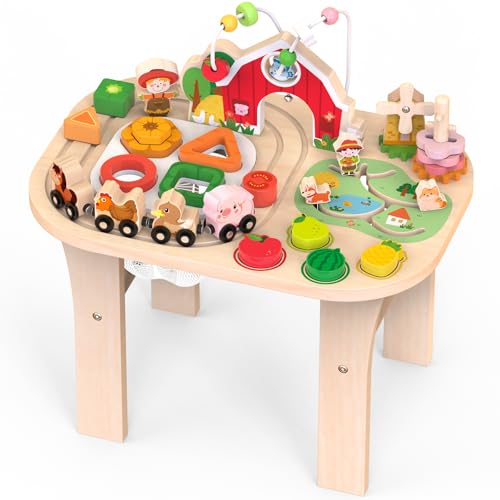 Weilim Mesa de atividades em madeira para bebés de 1 ano, brinquedo Montessori com labirinto de contas, classificador de formas e pista de comboio, brinquedo educativo sensorial 12 meses (natureza)