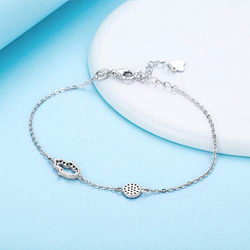 Hamsa Hand of Fatima Evil Eye Bracelet Sterling Silver 925 Blue Cubic Zirconia Chain Adjustable 6.5"+1.5"4
