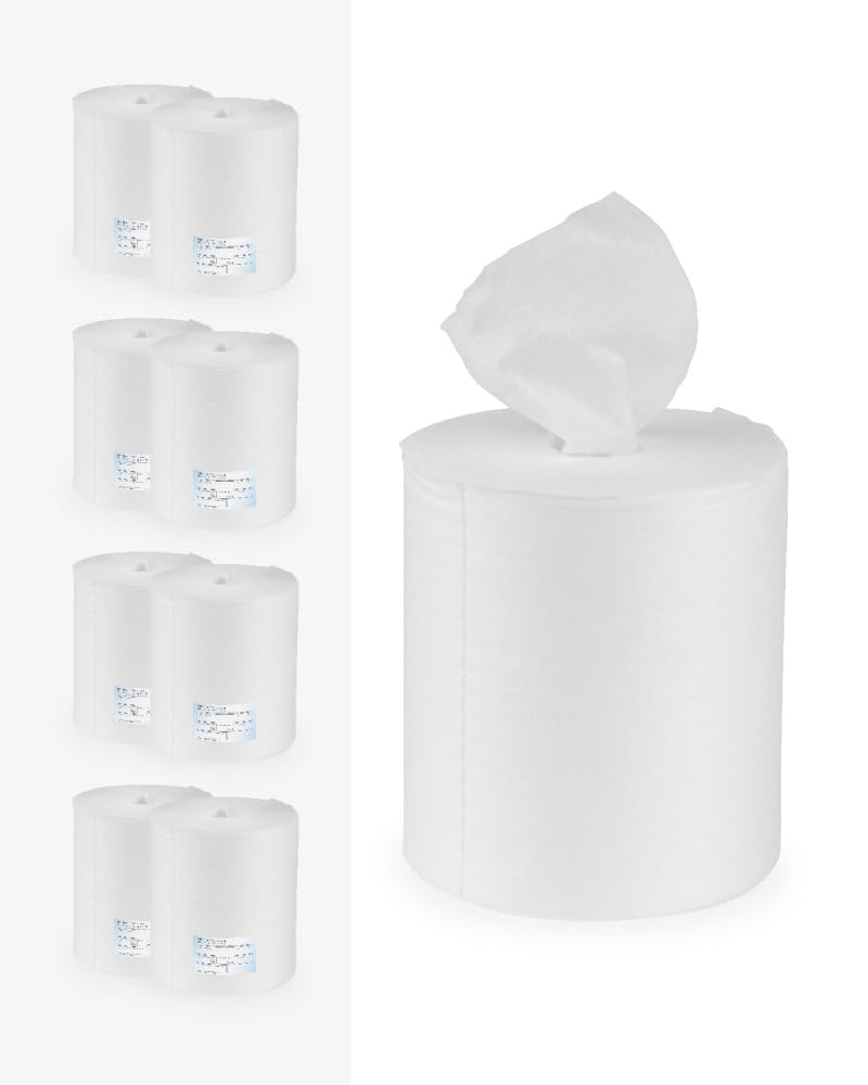 Reinigungstuch M-Wipes Reinigungstücher auf Rolle Spunlace Vlies 50 gsm Weiß 17 x 25 cm ca. 200 Abrisse Einweg Putztücher fusselfrei saugstark reißfest (8 Rollen)