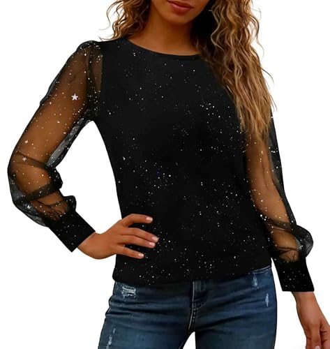 CUVZORA Lentejuelas brillantes tops mujer elegante sexy casual traje de Nochevieja camisa de manga larga blusa mujer túnica festiva blusas brillantes tops para ocasiones especiales, M, M