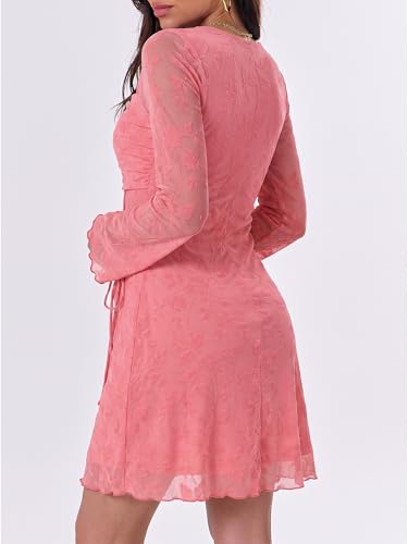 Image of Caracilia Womens Sexy Mesh Ruched Mini Dresses Long Sleeve Square Neck Tie Fall Club Party Cocktail Short Dress 2026 Fashion