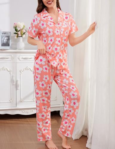 Image of SWOMOG Women Pajama Sets Two-Piece Nightwear Short Sleeve Sleepwear Button Down Pj Lounge Sets with Long Pants