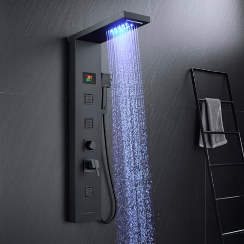 KINKIBOS LED Duschpaneel mit Armatur, 5 Funktionen Duschpaneel mit LED Temperaturanzeige, Regen&Wasserfall Dusche, 3 Massagedüsen, Handbrause und Wanneneinlauf, Duschsäule aus Edelstahl, Mattschwarz KINKIBOS LED Duschpaneel mit Armatur, 5 Funktionen Duschpaneel mit LED Temperaturanzeige, Regen&Wasserfall Dusche, 3 Massagedüsen, Handbrause und Wanneneinlauf, Duschsäule aus Edelstahl, Mattschwarz