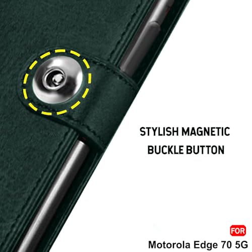 Image of TheGiftKart Flip Cover Back Case for Motorola Moto Edge 70 5G | Genuine Leather Finish | Designer Button | Inbuilt Pockets & Stand | Wallet Style Flip Case Cover for Moto Edge 70 (Faux Leather, Green)