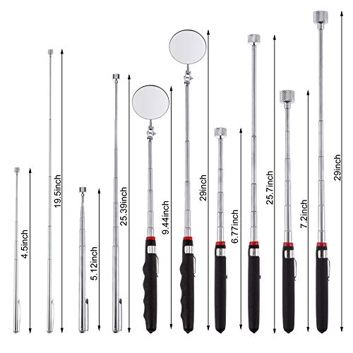 Yebazy 5 Pieces Magnetic Telescoping Pick-Up Tool Kit With 1 Lb/ 15 Lb Pick-Up Rod, Telescoping Handle 360 Swivel Round Inspection Mirror For Extra Viewing Pickup Dead Angle #TOP1