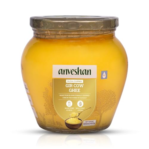Anveshan A2 Gir Cow Desi Ghee 500ML | Bilona Method | Curd-Churned & Cultured | Pure, Natural & Danedar | Lactose-Free, Gluten-Free | Grass-Fed | Lab Tested | Traditional Desi Ghee