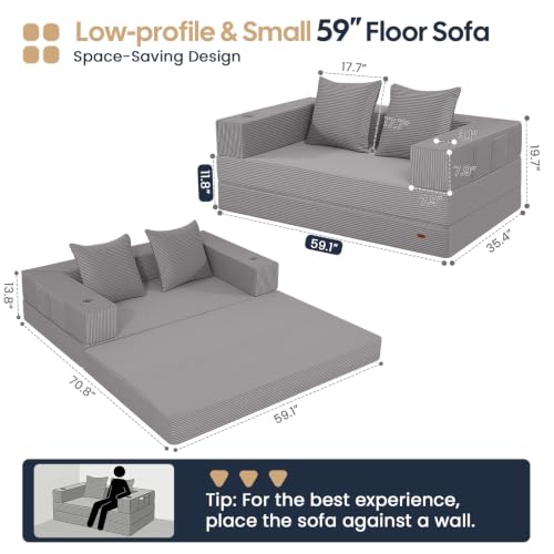Image of COMAX Futon Sofa Bed, Convertible Sofa Bed, Folding Boneless Couches | Low-Profile Small Boneless Couch for Living Room, 11.8 inch H Low Seat 59 inch Foldable Floor Sofa Lounge Space‑Saving