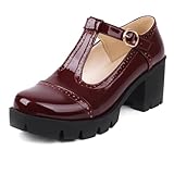  Gicoiz Cuir Verni Mary Jane Brogue Femme Salomés Plateforme Pumps Boucle Femme École Bout Rond Classique Bloc Shoe Vin Rouge Taille 41 EU-43Cn