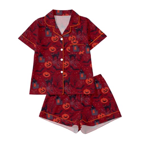 Pijama corto de Halloween para mujer, ropa de dormir ligera con botones y estampado de casa