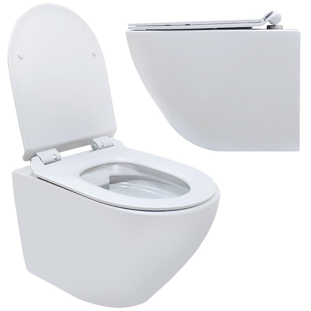 WC Suspendu Blanc Sans Bride avec Fixations Invisibles + Abattant Ultra Fin Déclipsable + Frein de Chute (Blanc)
