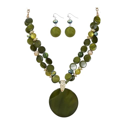 Xalroco Layered Beads Statement Fashion Necklace Chunky Jewelry Set Big Colorful Glass Stone Circle Shell Pendant Choker Necklace and Earring Set for Women (Olive Green)