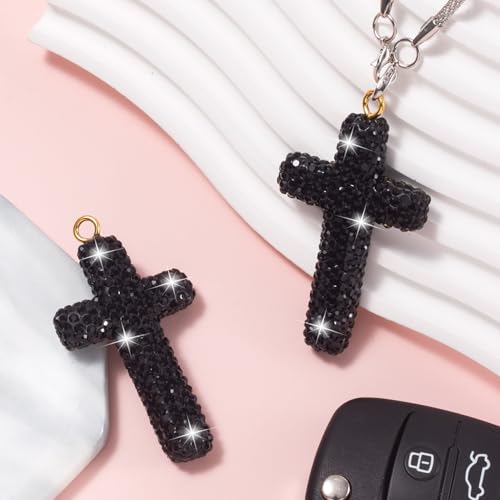 YALOJE Crystal Cross Car Rear View Mirror Charm, Bling Rhinestone Car Hanging Accessories, Automotive Interior Decoration Vehicle Rear View Mirror Pendant Ornament - Black, 1pcs - Thumbnail 3