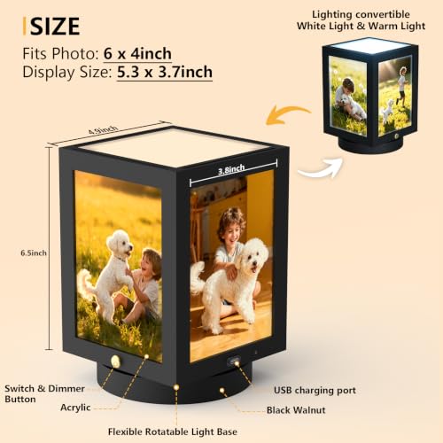 Mixoo 4x6 Picture Frame Light, Vintage Rotating Photo Frame Tabletop Lamp, Touch Desk Lamp for Bedroom Bedside, Table lamps for Office Family Retirement Anniversary Birthday Gifts (Wooden Black) - Image 2
