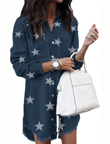 Zilcremo Women Denim Dress Long Sleeve Button Down Jean Shirt,Darkbluestar,S