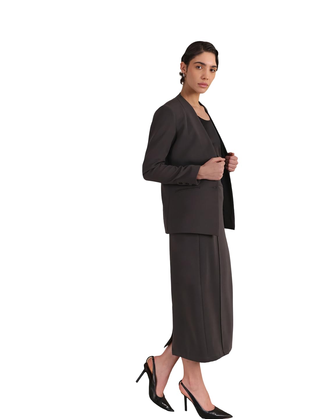 women formal blazer & skirt co-ord set | slim fit single-breasted blazer with full sleeves & solid pattern | smooth woven fabric for office wear & business casuals