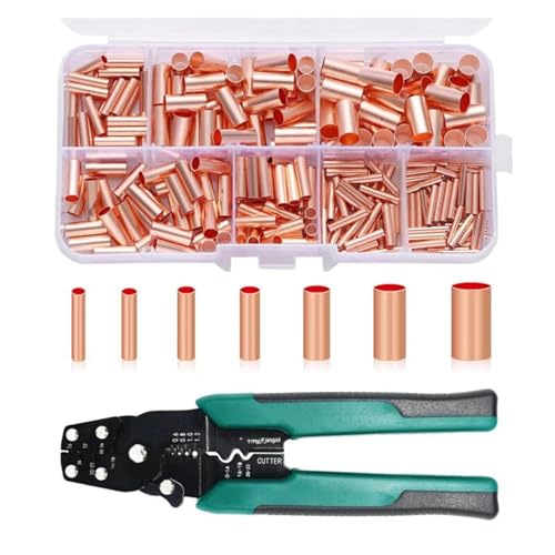 AARTERZZA 250Pcs Wire Ferrules Kit with Crimping Tool 7 Size Copper Crimp Connector Non Insulated Electrical Butt Terminal Assortment Kit
