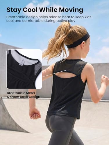 Image of WELAKEN Girls' Athletic Tank Top - Mesh Open Back Sleeveless Sports Shirt for Active Kids,Black,4T
