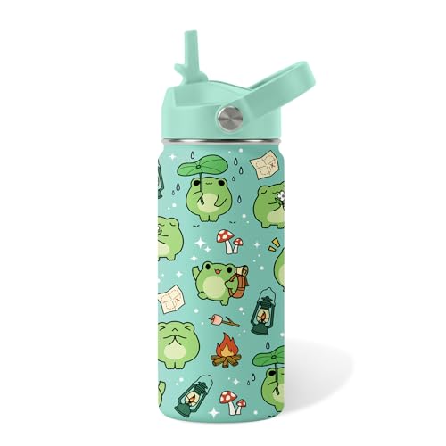 Frog Gifts for Kids - 16oz Cute Green Frog Water Bottle with Straw Lid, Stainless Steel Insulated Tumbler, Leakproof, BPA-Free, for Boys & Girls, School - Animal Frogs Lovers Birthday Gift Cup (1pc)