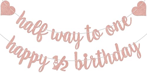Qxcv Half Way to One Banner, Happy 6 Months, Glitter Rose Gold, Half Birthday Decoration, 1/2 Birthday Banner