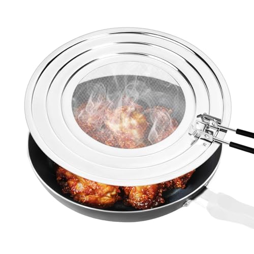 Zillary Spritzschutz Pfannen, 3-In-1 Edelstahl Spritzschutz Für Pfannen, Multifunktionale Edelstahl Spritzschutz, Pfannen Spritzschutz Mit Klappbarem Griff, Verhindert Fettspritzer Beim Kochen