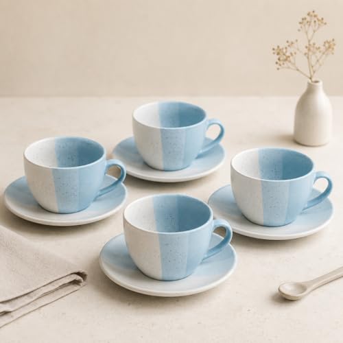Image of The Earth Store TT Blue Ceramic Cappuccino Cup with Saucer Set of 4 | 250ML Coffee & Tea Cups | Microwave & Dishwasher Safe |Stylish Cups for Home, Cafe & Gifting