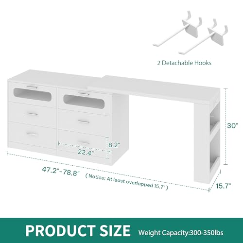 DWVO L Shaped Computer Desk with Power Outlet & RGB Light, 78.8" Reversible Gaming Desk for Bedroom, 360° Rotatable LED Drawer Dresser with 6 Drawers, Home Office Desk with Charging Station, White