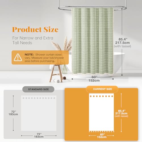 Image of BTTN Stall Shower Curtain - 60x84 Long Boho Farmhouse Linen Weighted Fabric Cloth Shower Curtain Set with 10 Plastic Hooks, Narrow Bohemian Country Decorative Shower Curtains for Bathroom - Sage Green
