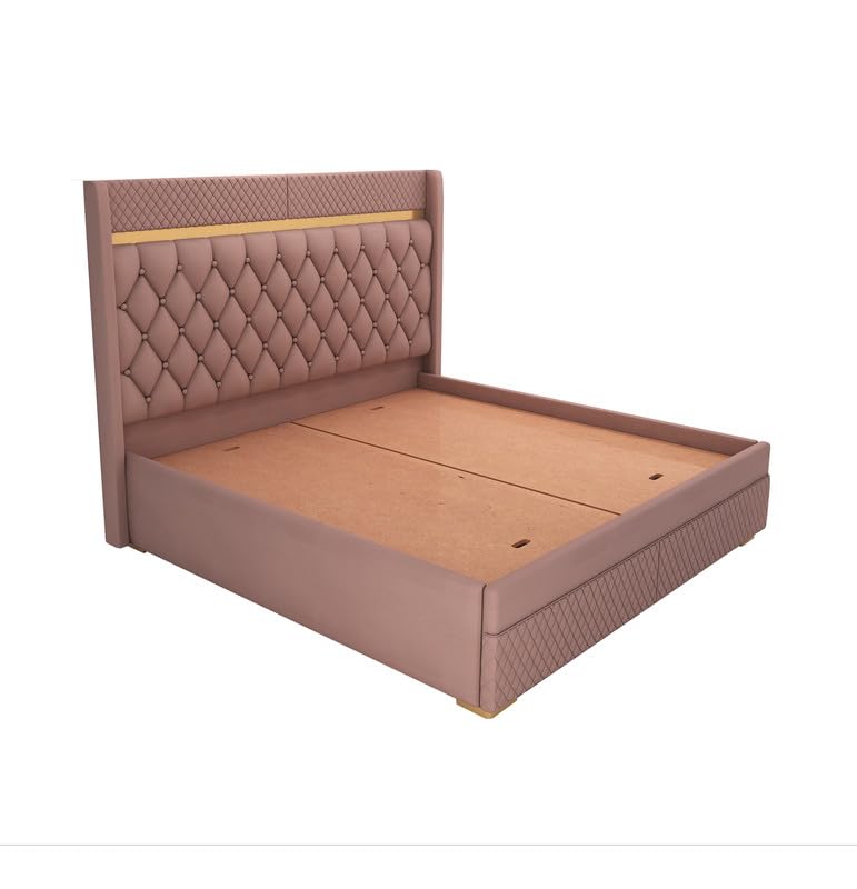 Image of MAMTA DECORATION Solid Wood King Size Bed with Box Storage | Premium Velvet Upholstered Tufted Headboard Palang Cot Bed | Modern Wooden Double Bed for Bedroom, Home, Hotel & Guest Room | Onion Pink