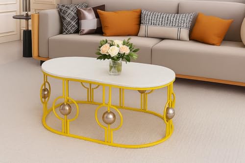 Image of Marble Look Coffee Table, Oval Accent Metal Center Table with Golden Metal Frame Golden White