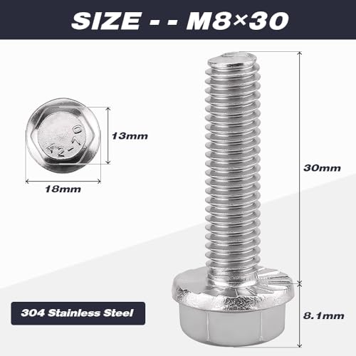 Image of M8-1.25 x 30mm (10 pcs) Flanged Hex Bolts, 304 Stainless Steel 18 /8, Large Washer Head Automotive Screws for Car Parts & Machinery Replacement