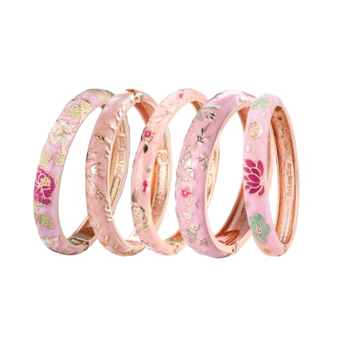 UJOY Bangles 5 Pcs Enamel Jewelry Set Rose Gold Flower Engraved Cloisonne Bracelets Pack in a Box 5PCS