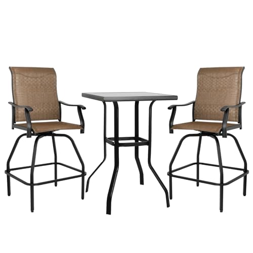 LEVELEVE Patio Bar Set 3pcs Swivel Bar Stools Outdoor Bistro Textilene Furniture Stability All-Weather Set with Height Table (3 Dark Brown Fabric)