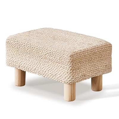 Cpintltr Foot Stool Ottoman Rectangular Footrest Pouf Ottomans Natural Seagrass Footstool with Wooden Legs Hand Weave Step Stool for Living Room Bedroom Entryway Natural White