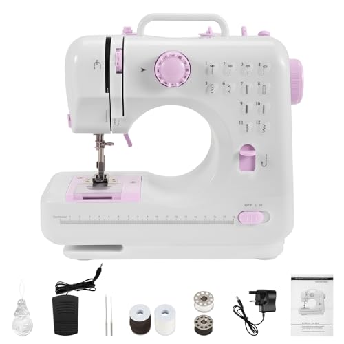 Sewing Machine for Beginners with UK Plug - 12 Built-in Stitches, Foot Pedal & Battery Power, LED Light, Easy Thread Cutter (Purple, L)