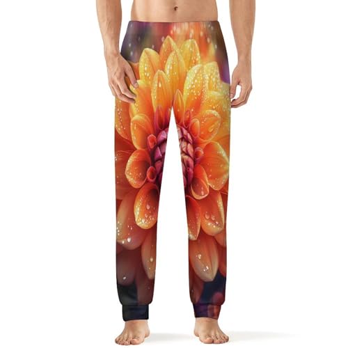 Orange Dahlia Floral Plants Men's Pajamas Pants Lightweight Sleep Lounge Pant Pjs Bottoms Casual Sleepwear