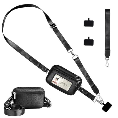 Clip and Go Strap for Phone with Wallet Crossbody, Phone Lanyard Detachable Zippered Pouch, RFID ID Window & Card Slots, Adjustable Strap for iOS and Android (Black)
