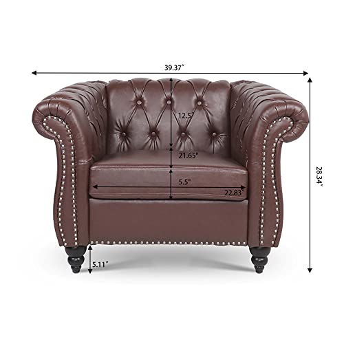 Image of LEVNARY Leather Chesterfield Chair, Mid-Century Modern Single Sofa Chair, Tufted Upholstered Rolled Armchair for Home Bedroom Reading Room (Dark Brown)