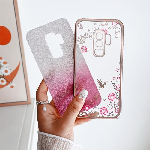 Image of Galaxy S9 Plus Case, Glitter Crystal TPU Stylish Butterfly Floral Heart Clear Protective Cover with Strap (Rose Gold)