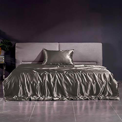 THXSILK 22 Momme Seidenbettwäsche Set 2 teilig, Bettbezug 135 x 200 cm und Kissenbezüge 40 x 80 cm, Hypoallergen Maulbeerseide Bettbezug Set, Ultra Weich und Glatt, DunkelGrau
