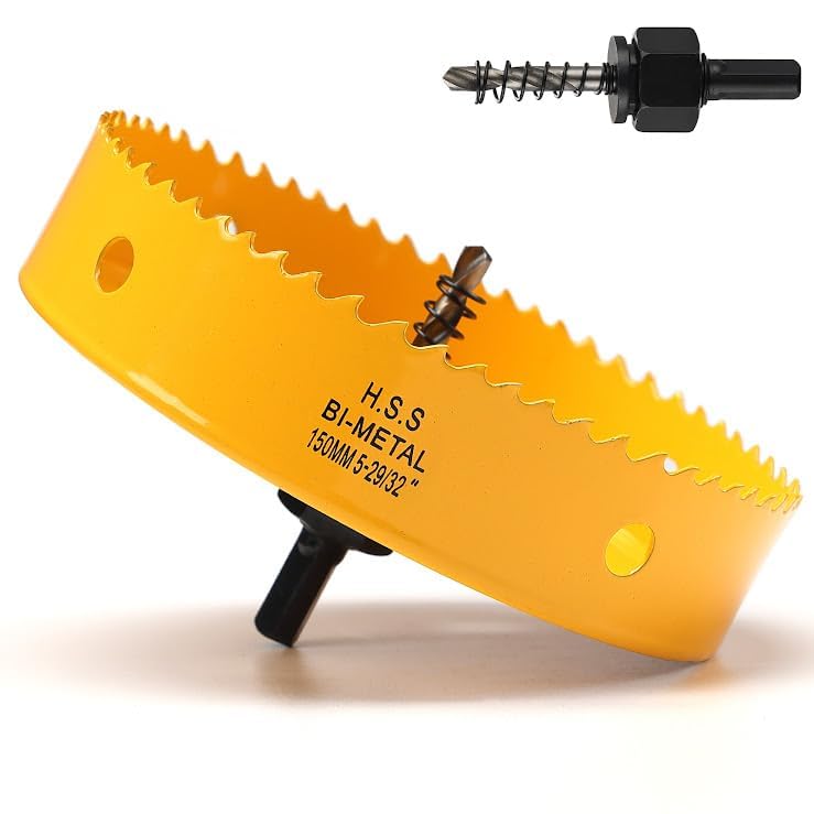 150mm Hole Saw, HSS Bi-Metal Hole Cutter with Drill Bit, Heavy Duty Hole Saw for Wood Plastic, Drywall, Fiberglass, Yellow