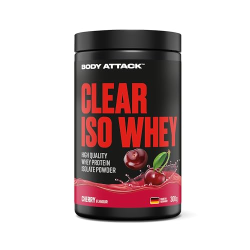 Body Attack Clear Iso Whey Cherry Flavour, 300g - Made in Germany - Erfrischendes, klares Whey Protein Isolat - 24 g Protein und 11.400 mg EAAs pro Iso Whey Shake, zucker-& fettfrei