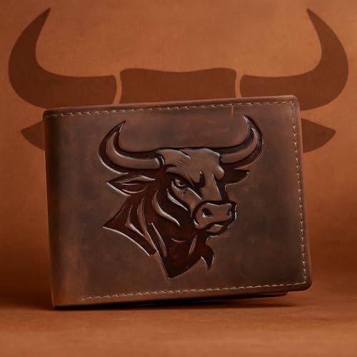 MARSHAL Genuine Leather RFID Bifold Wallet for Men Western Bull Design Rustic Cowboy Wallet (Brown)3