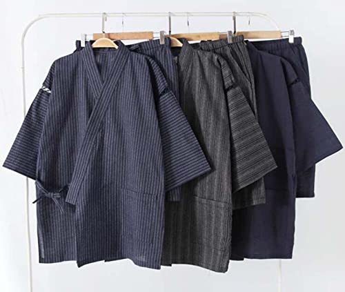 ZEALMAX Men's Kimono Japanese Jinbei Shirt and Pant Cotton Linen Loungewear Lounge Set Spa Bathrobe, Style 7, Black Dark Gray2